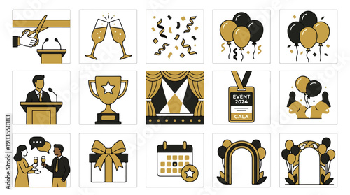 Collection of elegant gold and black icons representing celebration, awards, and events with a sophisticated design