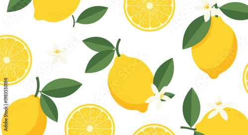 Seamless lemon pattern vector illustration featuring fresh citrus fruits slices leaves and blossoms summer background design