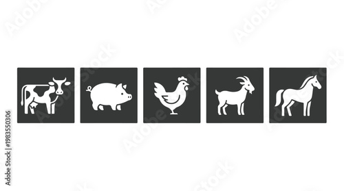 Collection of farm animal icons including cow, pig, chicken, goat, and horse on dark background
