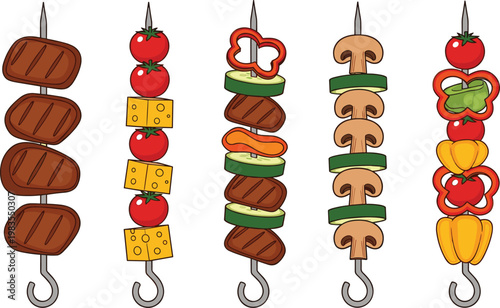 BBQ skewers set with meat vegetables cheese mushrooms tomato pepper vector illustration grilled food barbecue collection design