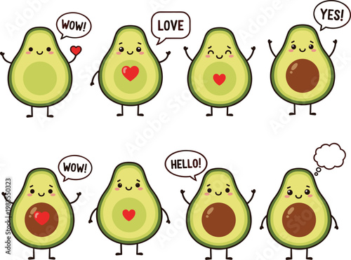 Cute avocado cartoon characters vector set featuring funny fruit mascots with speech bubbles love and emotions isolated illustration