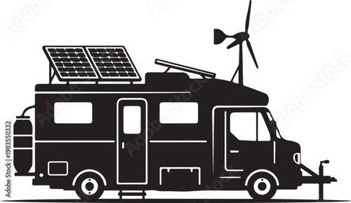 Black RV, motorhome, camper van, solar panel, wind turbine, vector illustration