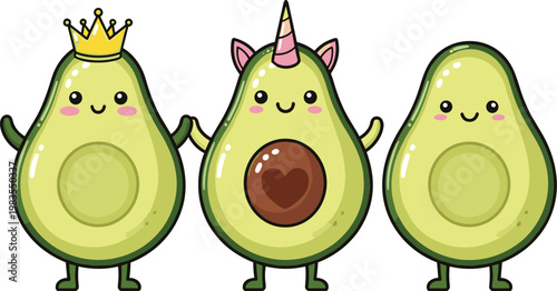 Cute avocado characters vector illustration featuring funny fruit mascots with crown unicorn style and happy expressions isolated design