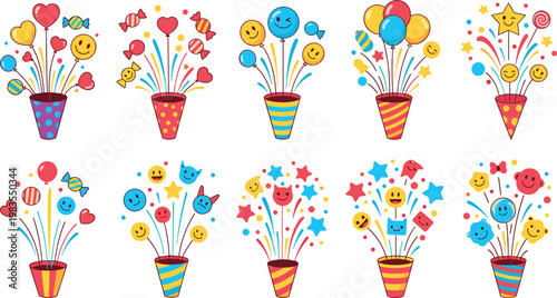Colorful party confetti burst elements with balloons stars hearts smiley faces and festive celebration decorations vector set