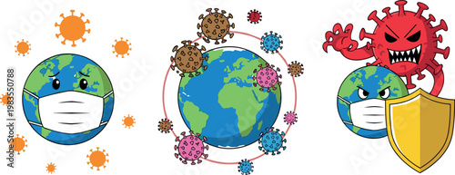 Global pandemic protection vector set with earth wearing mask virus spread and shield defense against coronavirus illustration collection
