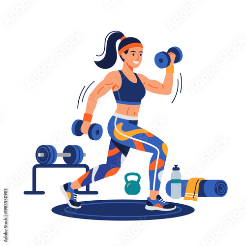 A woman performs lunges with dumbbells in a fitness studio.