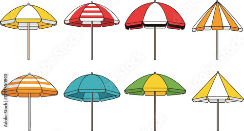 Beach umbrellas set colorful summer sunshade vector illustration seaside vacation accessories collection outdoor relaxation design elements
