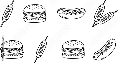 Hand drawn fast food icons a collection of american street food delights in black and white