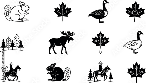Vintage canadian icons a collection of black and white engravings depicting wildlife landscapes and national symbols