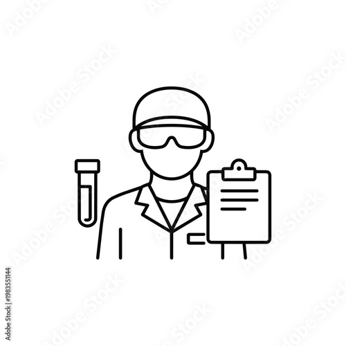Laboratory scientist profession icon black and white laboratory scientist with test tube and clipboard line art illustration
