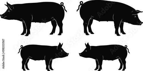 Black pig silhouette vector illustration showing adult and juvenile pigs in side profile, farm animal livestock graphic design