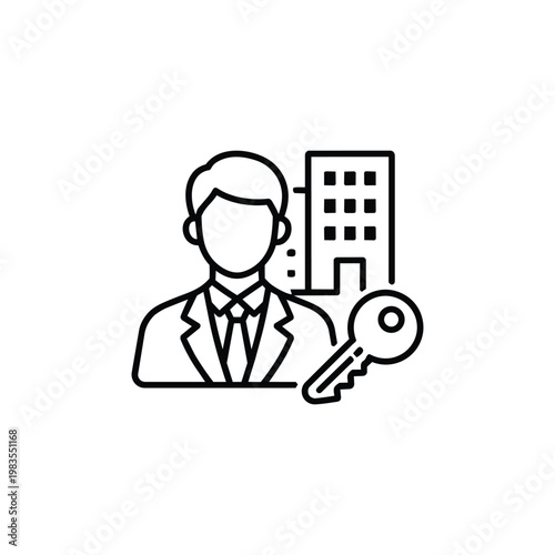 Real estate agent line icon black and white realtor profession with building and key real estate agent outline vector illustration