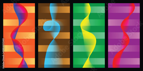 Colorful abstract wave patterns on striped backgrounds  vibrant swirling designs in orange blue yellow and purple hues with black borders