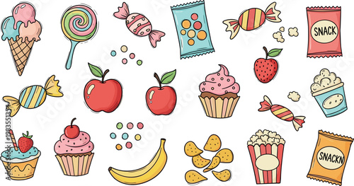 Colorful snack food vector set with ice cream candy popcorn chips fruits cupcakes sweet treats collection isolated illustration