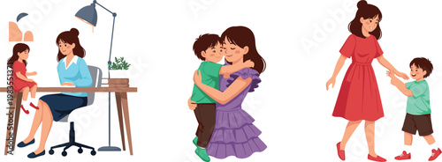 Mother and child daily life vector set with parenting moments working hugging and walking family lifestyle illustration collection