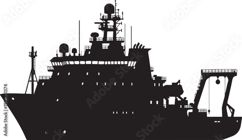 Black silhouette of a cargo ship, industrial vessel, maritime transportation icon, vector graphic