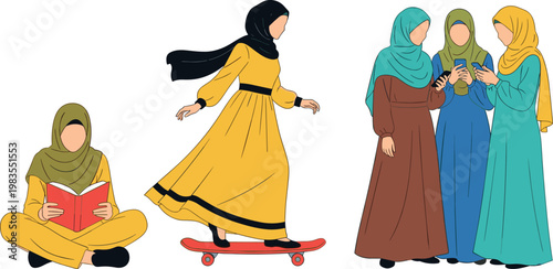 Muslim women lifestyle vector set with hijab girls reading skateboarding and socializing modern diverse illustration collection