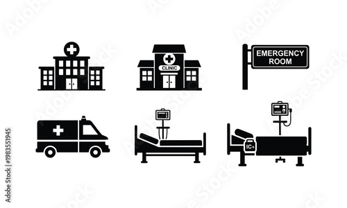 Essential icons representing various aspects of healthcare facilities and emergency services