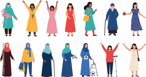 Diverse Muslim women vector collection with hijab outfits modern lifestyle characters inclusive fashion illustration set
