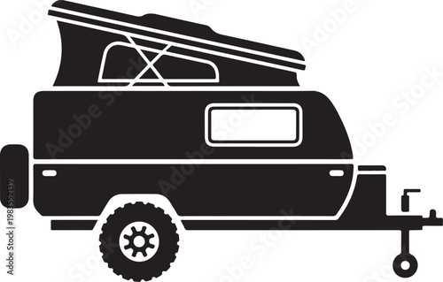 Black camper trailer, vector campervan, recreational vehicle icon, travel trailer