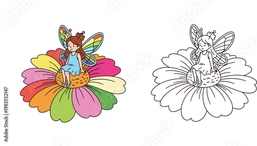 Cute fairy girl with rainbow wings sitting on a colorful flower and a black and white line art version for children's coloring book page illustration set isolated on white background.