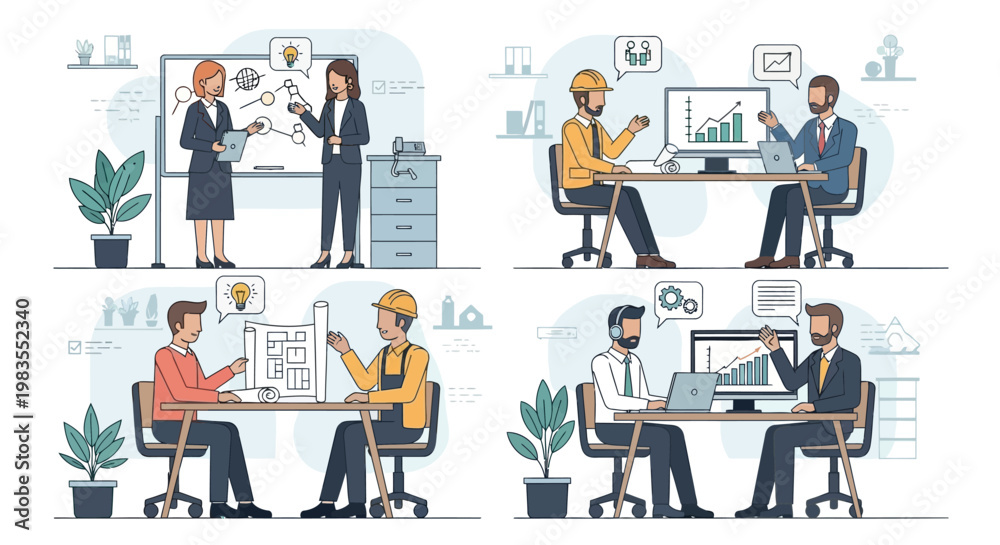 Fototapeta premium Business people, office workers, teamwork illustrations, 4 character set, vector icons