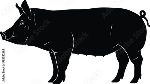 Black pig silhouette vector illustration with curled tail, farm animal outline design for agriculture, livestock, and education