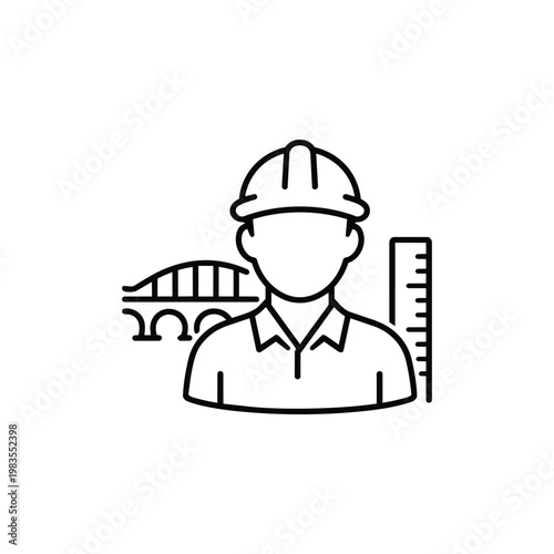 Civil engineer profession icon black and white vector civil engineer with helmet bridge and ruler engineering job illustration