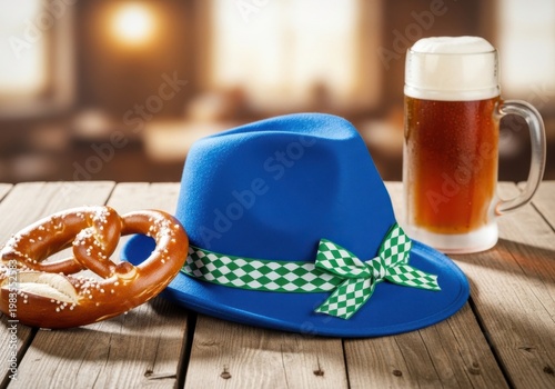 Bavarian hat with checkered ribbon and pretzel next to a beer mug on wooden table