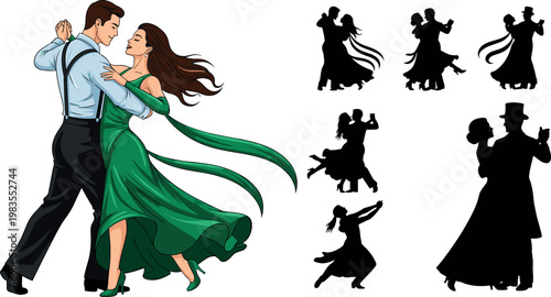 Romantic ballroom dancing couple vector with elegant waltz performance and silhouette variations graceful partner dance illustration set