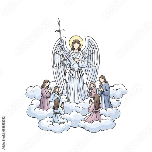 Archangel with Wings and Halo Standing on Clouds with Praying People
