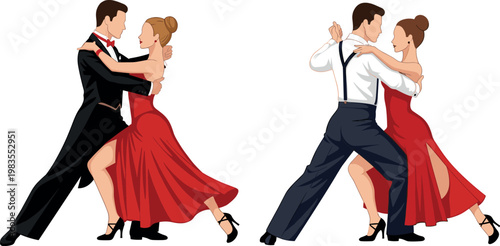 Elegant ballroom dancing couples vector illustration with man and woman performing romantic tango in formal attire collection