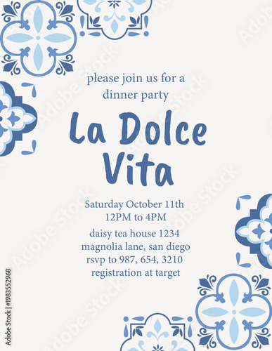 Hand drawn Italian dinner party invitation templates. Mediterranean tiles illustrations. Elegant La Dolce Vita designs with food doodles.