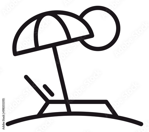 Fotografía Black line art vector icon illustration of a beach scene with a sun, umbrella, and lounge chair on the sand, ideal for summer vacation, travel, and holiday-themed graphic design projects