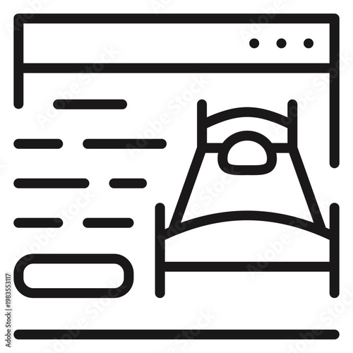 Online hotel booking vector icon illustration. Minimalist black line art symbol of a web browser window showing a bed and reservation details for travel, vacation planning, and accommodation.