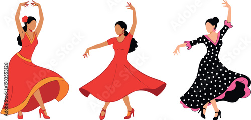 Flamenco dancers vector collection with women in red and polka dot dresses Spanish dance performance illustration set