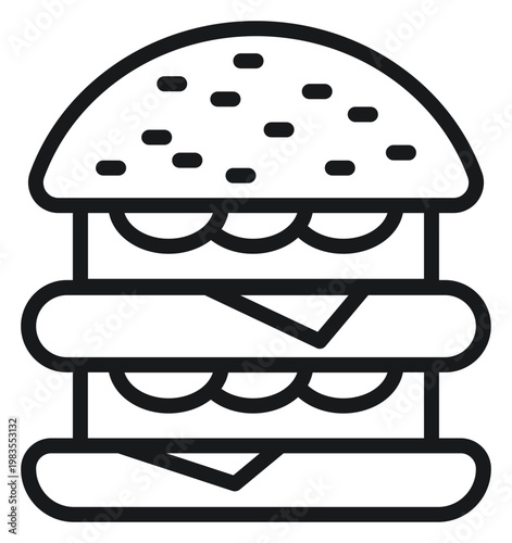 Double decker burger vector icon illustration. Black line art symbol of a big hamburger with two patties, cheese, lettuce, and sesame seeds on a bun. Minimalist fast food graphic design element.