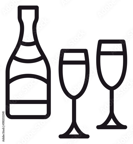 Black line art vector illustration of a champagne bottle and two flutes. Minimalist symbol for celebration, wedding toast, anniversary, New Year's Eve, party, and festive events.