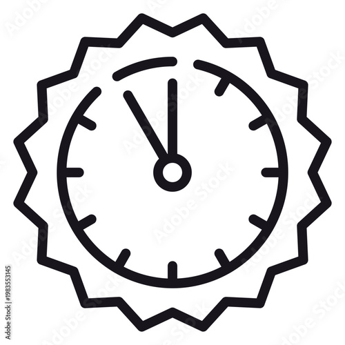 Bild auf Leinwand Black vector icon of a clock face inside a jagged circular badge or seal, minimalist line art illustration representing time management, deadline, countdown, or urgent schedule concepts on white