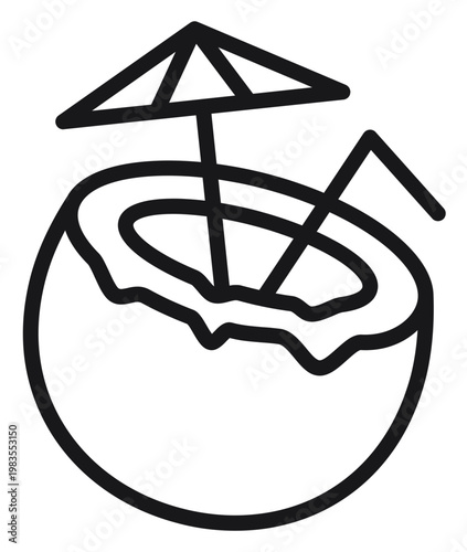 Billede på lærred Black line art vector icon of a refreshing tropical coconut drink featuring a straw and a cocktail umbrella, perfect for summer vacation, beach travel, and exotic beverage graphic design