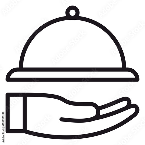 Minimalist black vector icon illustration of a hand holding a food cloche or serving platter with a dome lid, symbolizing restaurant service, catering, hospitality, and gourmet dining concepts.