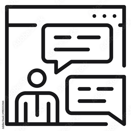 Tableau sur toile Minimalist black line vector icon illustration of a person in a web browser window with speech bubbles, symbolizing online chat, customer support, virtual communication, and digital meetings