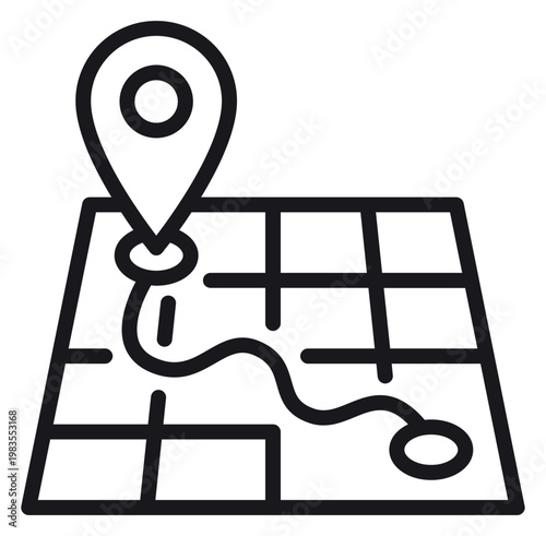 Obraz na plátně Black line vector icon illustration of a map with a navigation route and a location pin pointer, representing travel, GPS tracking, direction, and destination on a white background