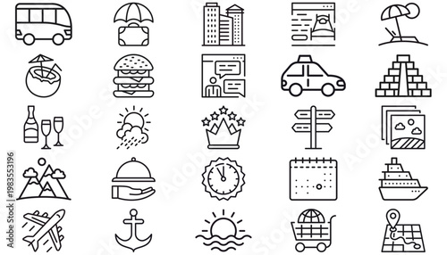 Vector Icon Set of 25 Black Minimalist Line Art Symbols for Travel, Food, Business, and Navigation. Includes Airplane, Burger, Taxi, Hotel Booking, Beach, Weather, Map, and Global Commerce Icons.