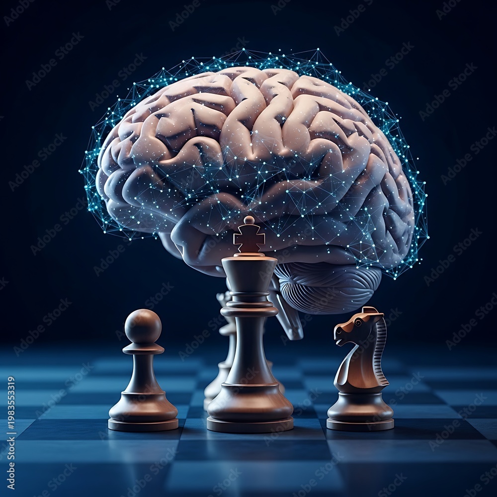 Fototapeta premium Futuristic Human Brain and Chess Pieces Strategy Artificial Intelligence Concept
