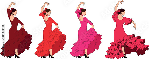Flamenco dancers vector set with elegant women in red dresses performing Spanish dance expressive movement illustration collection