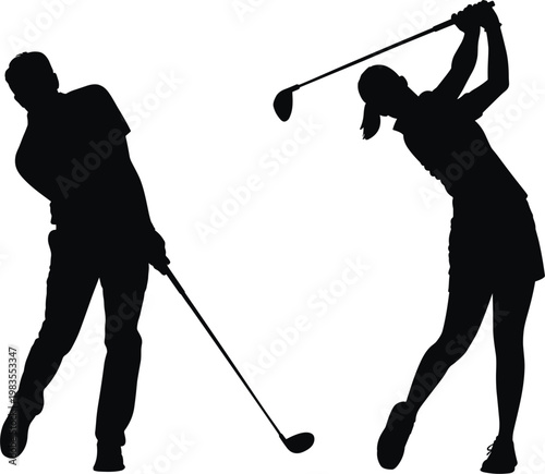 Golf players silhouettes set, man and woman swinging clubs, sport vector illustration collection design