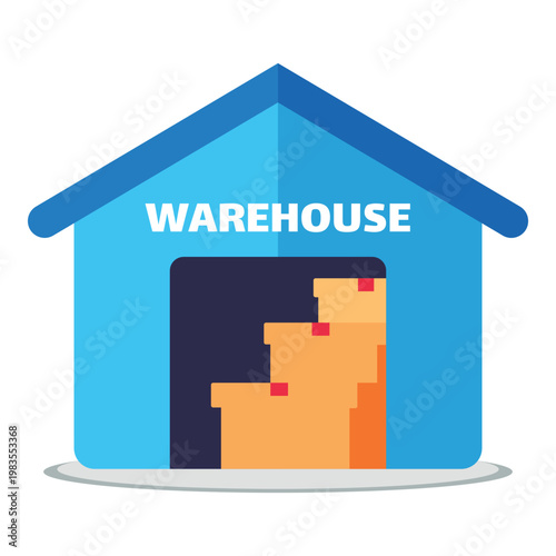 Modern warehouse building with stacked boxes visible inside the entrance