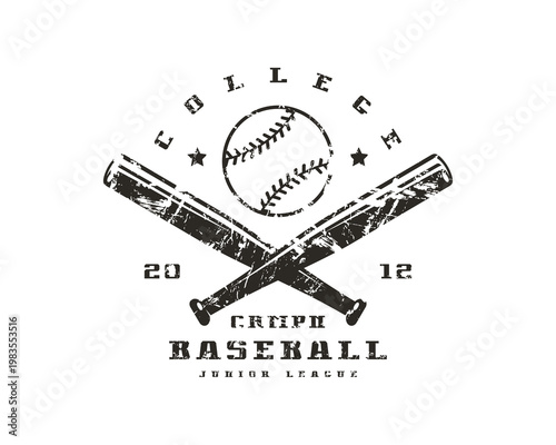 College baseball junior league emblem with crossed bats and ball, vintage typography, white background. t-shirt design