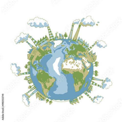 Globe Surrounded by Industrial Factories and Smoking Chimneys Vector